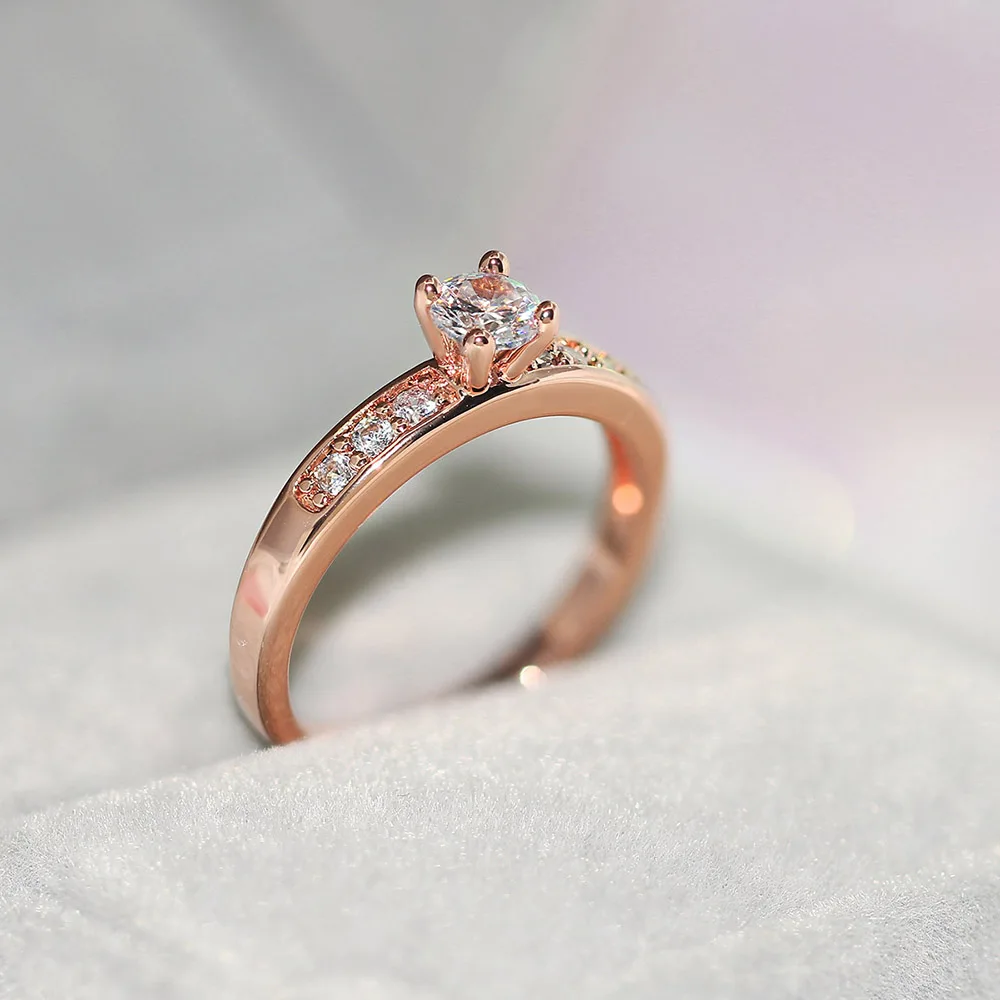 Simple Ring For Women Classic Style 4 Claws Cubic Zirconia Rose Gold Color Wedding Engagement Xmas Gift Fashion Jewelry R592