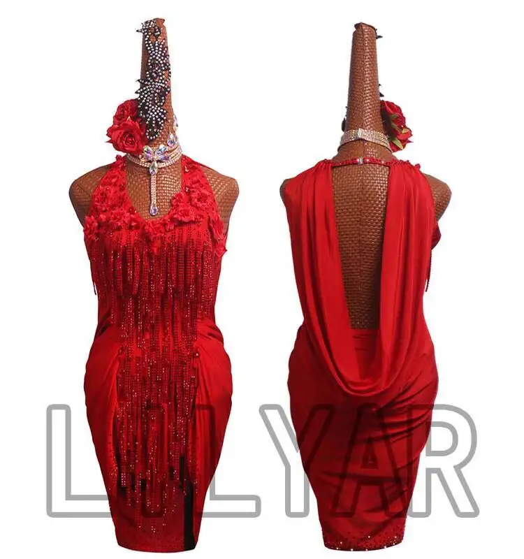 Rok Rumbai Cha Tari Latin Baru untuk Anak-anak dan Dewasa, Rok Tari Denim, Kostum Pertunjukan Disesuaikan Rumba, Rok Merah