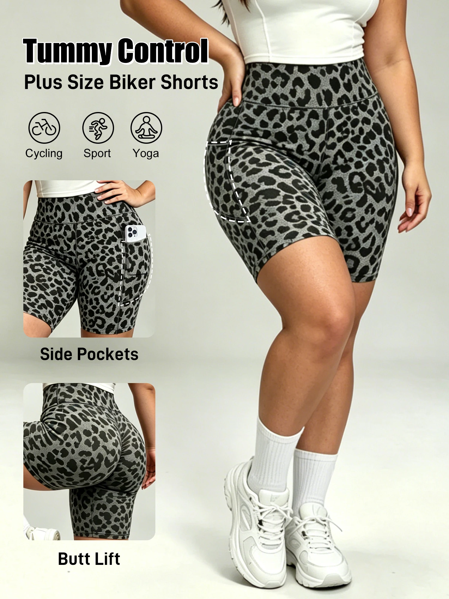 

Plus Biker Shorts for WomenHigh Waist Tummy Control Summer Workout Shorts for Running Yoga Athletic Leopard Print Shorts