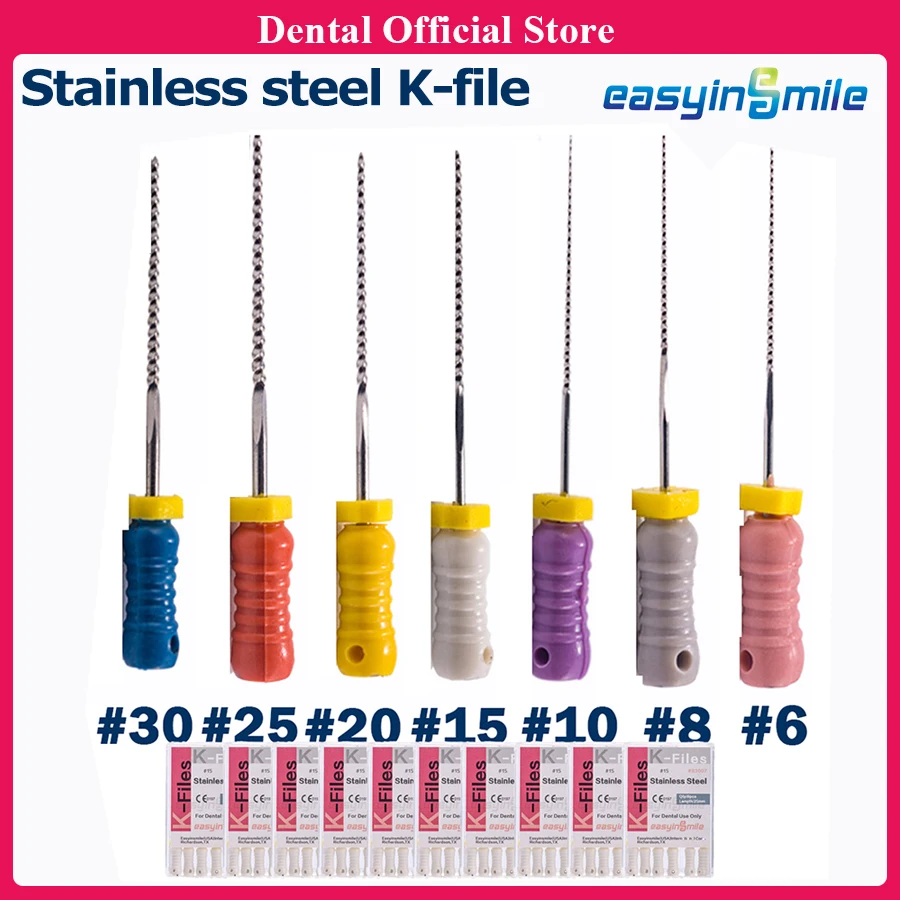 EASYINSMILE 10Packs Hand Use Dental K Files 25mm Stainless Steel Endodontic Root Canal Files #6 to #80 Dental Instruments