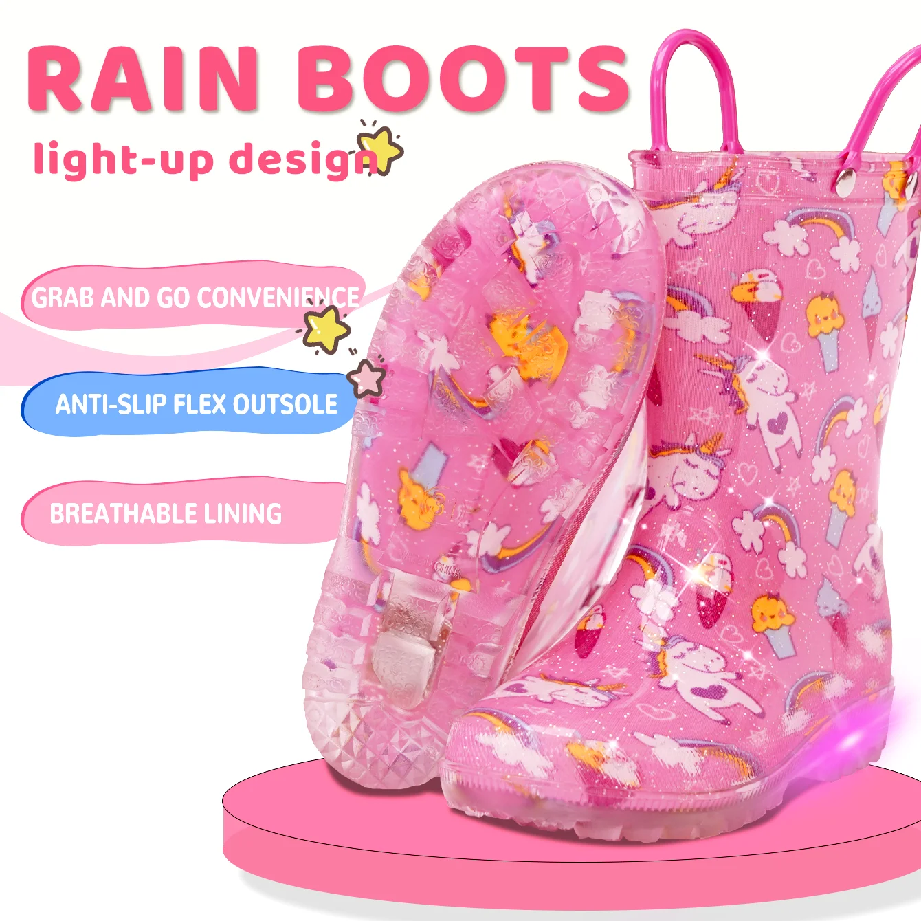 

Children's dinosaur night light shoes rain boots outdoor purple rain boots anti-slip classic raincoats handheld raincoat series