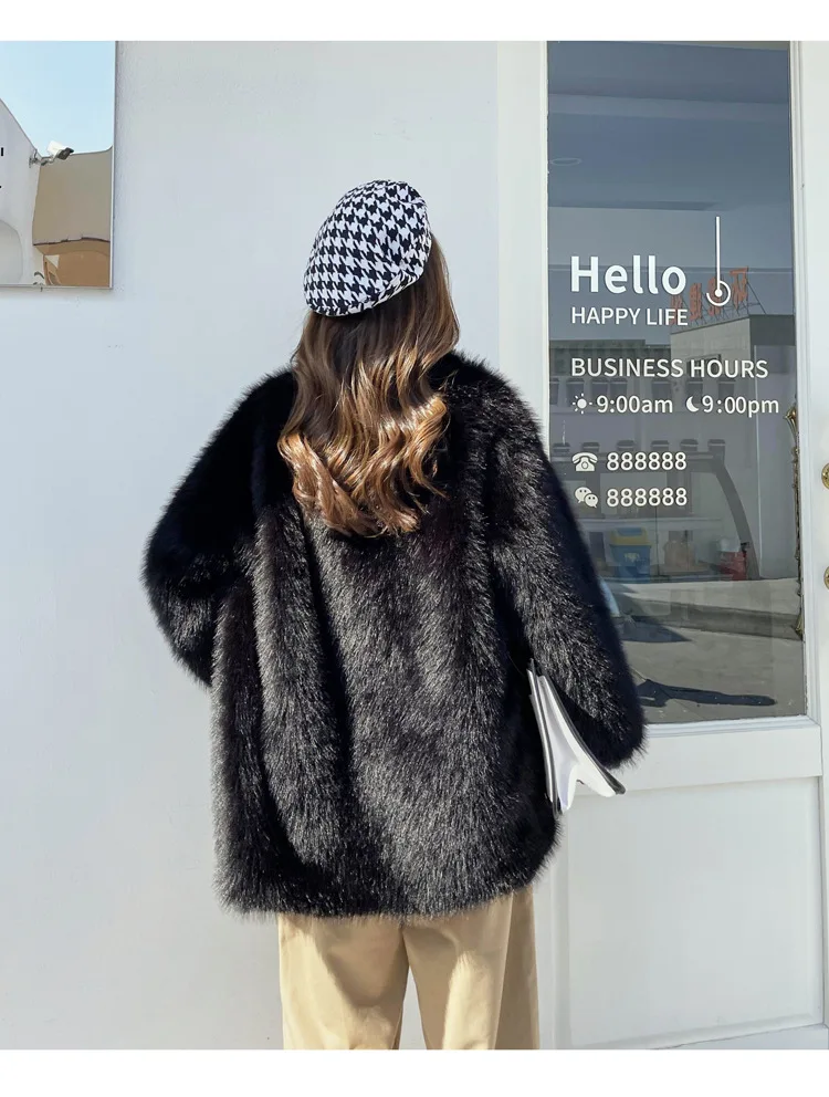 Winter Long Faux Fur Coat Oversize Pink Thick Warm Soft Shaggy Fluffy Faux Fur Coat Women Pockets Lapel Loose Sweet Cute Fashion