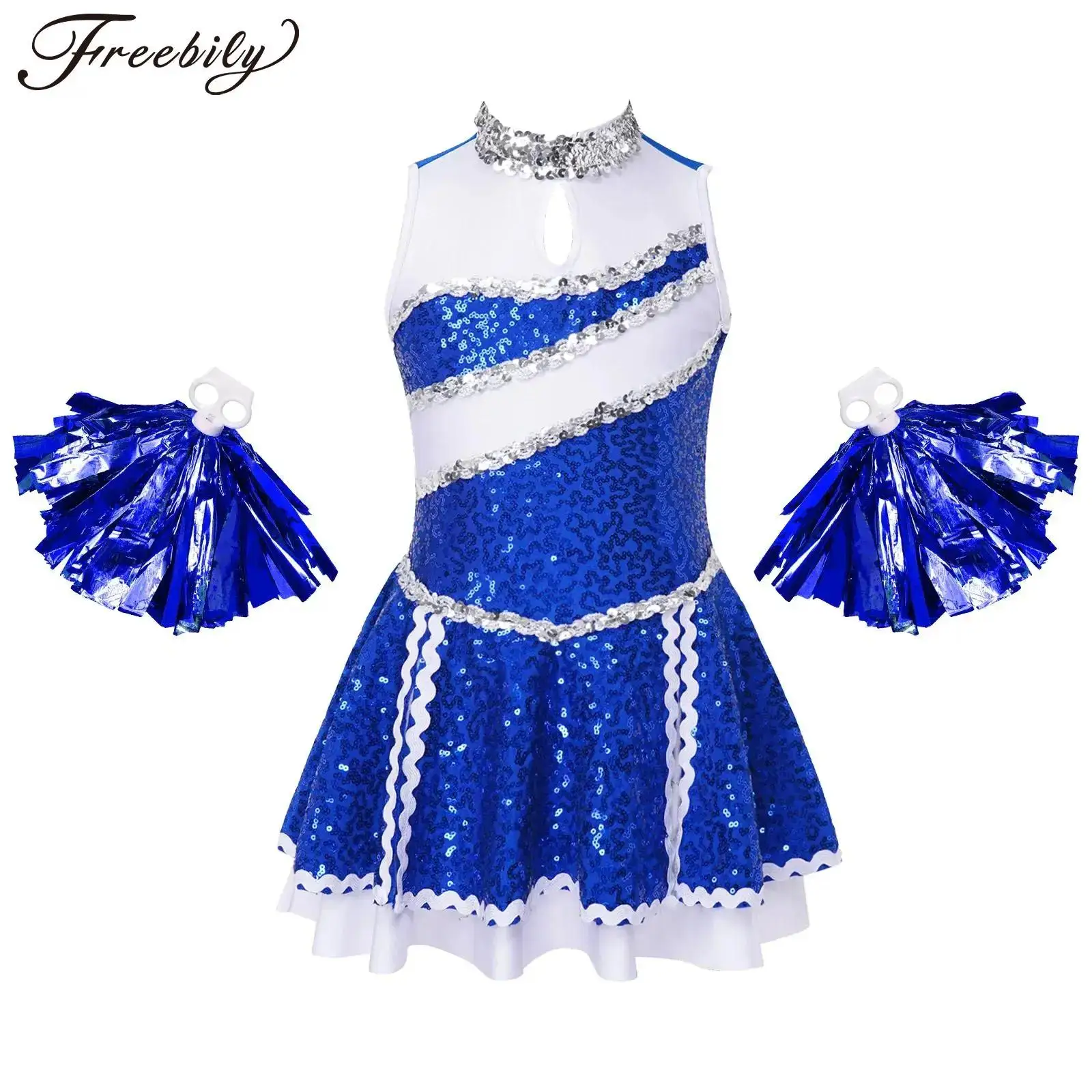 

Kids Girls Cheerleading Outfits Cheer Leader Uniform Shiny Sequins Halloween Christmas Dance Dress Performance Dance Costume