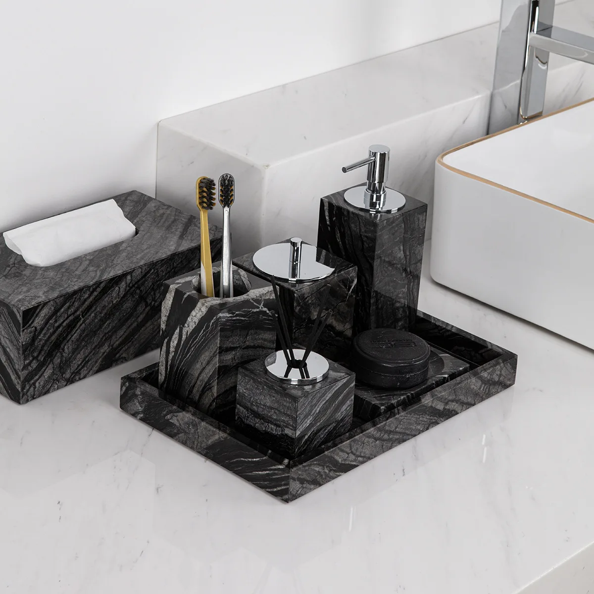 Marble Bathroom Accessories Set Soap Dispenser Toothbrush Holder Tray Countertop Organizer Mix Match for Home Hotel Mix Match