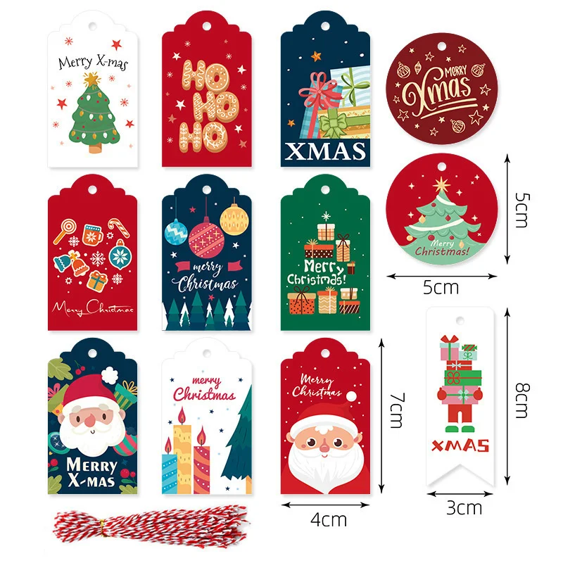 48PCS Christmas Paper Tags Carton Tree/Santa Claus/Snowman Printed Crafts Hanging Labels for 2022 Navidad Gifts Wrapping Supply