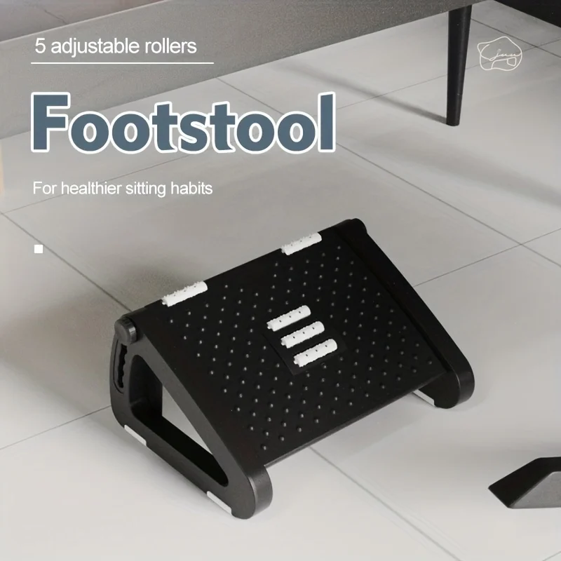 Footrest Stool with Adjustable Height - Durable Plastic Office & Home Footrest with Non-Slip Base, 5 Adjustable Rollers
