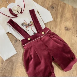 Baby Boy Set Autumn Winter Red Velvet Carousel Embroidery Vintage Suit for Christmas Eid Causal C111
