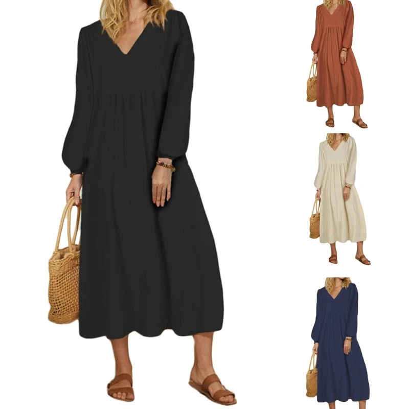 

Summer Cotton Linen Maxi Dress Casual Loose Long Sleeve Solid Color Long Dress Dropship