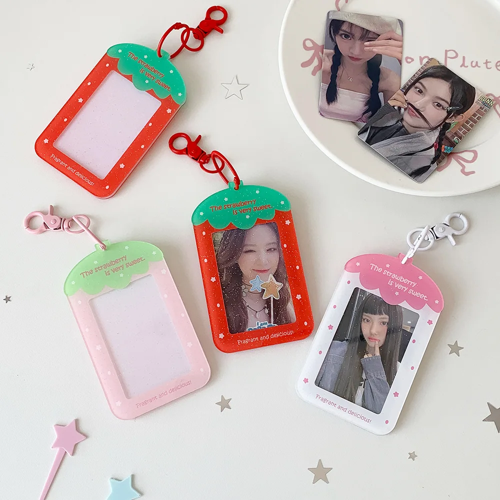 Transparent Acrylic Card Holder Strawberry Shaped Photocard Holder 3-Inch Kpop Photo Card Hard Case with Keychain Bag Pendant