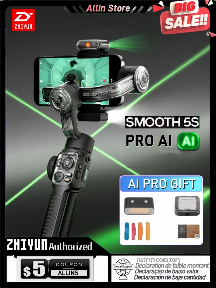 ZHIYUN SMOOTH 5S AI Tracking Handheld Stabilizer 3-Axis Smartphone Gimbal for iPhone 15 Pro Max for Xiaomi for Vlog Filming