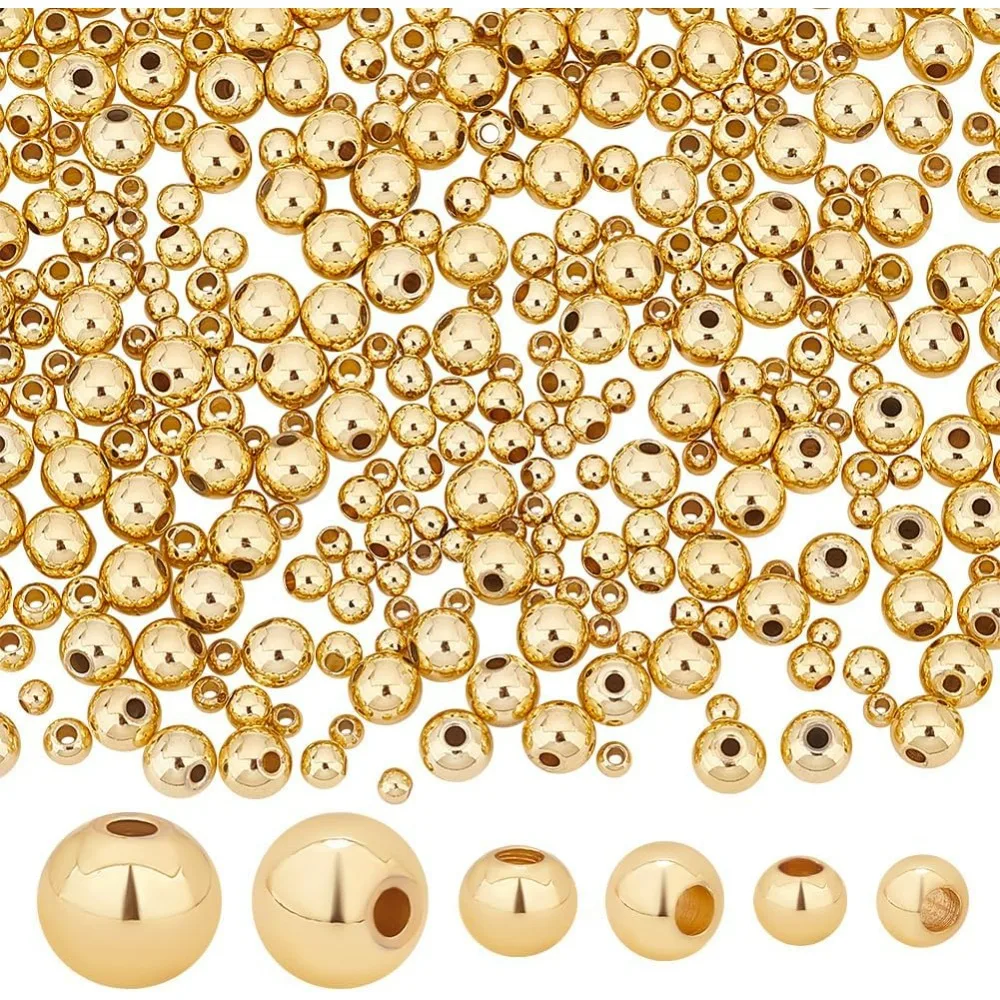 370pcs 18K Gold Filled Beads 3/4/6mm Round Beads Smooth Round Beads Seamless Ball Bead Brass Loose Bead Metal