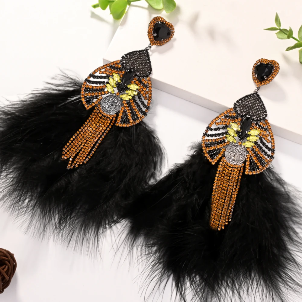Exaggerated Black Feather Earrings for Drag Queen Statement Accessories Fashion Design Large Rhinestone Dangle Earrings Party