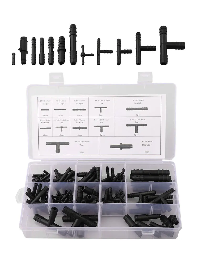 Organized 113 Piece Car Hose Connector Assortment Reducers Straight T Piece Connectors for Various Applications