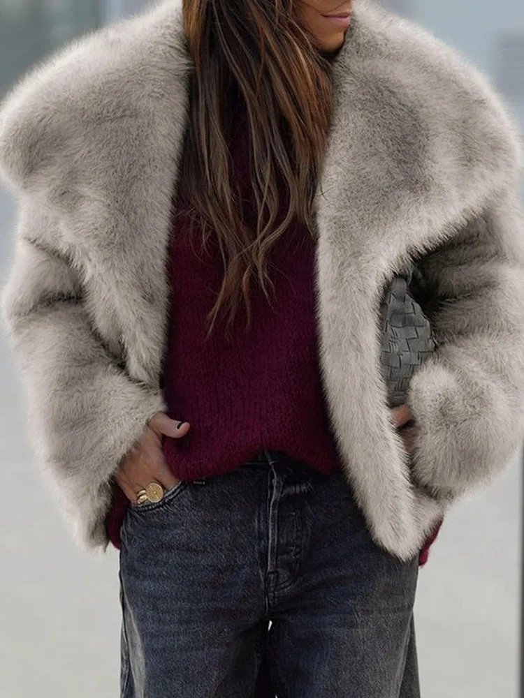 Vrouwen Elegante Nepbontjas Warme Pluizige Vintage Losse Revers Jas Met Lange Mouwen Herfst Winter Mode High Street Lady Outerwears