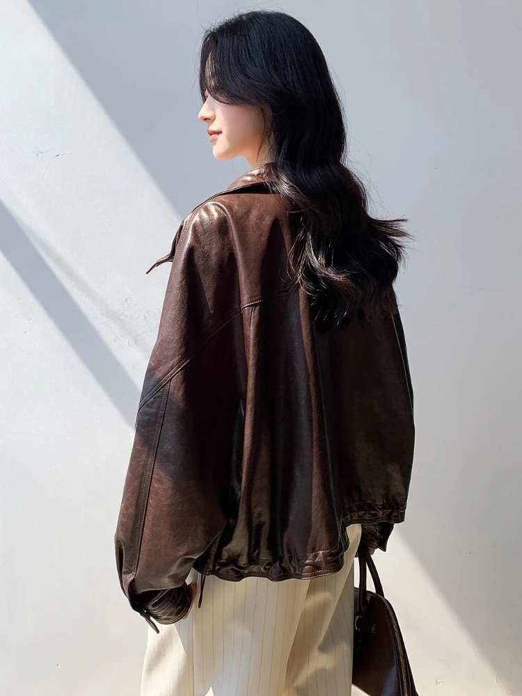 Oversize Genuine Leather Motorcycle Jacket for Women Spring Autumn High-end Simple Casual Soft Short Oil Wax Real Sheepskin Coat