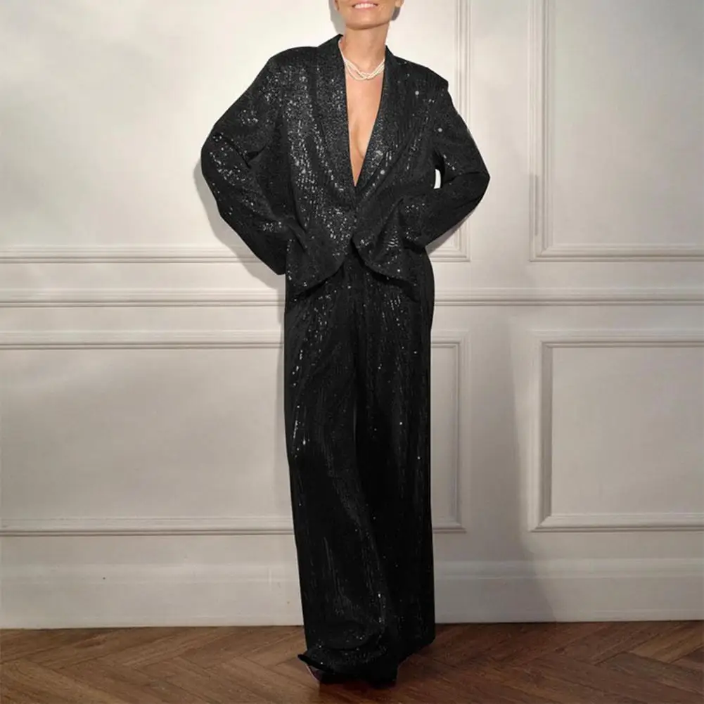 Casaco de celebridade com decote em V, conjunto de roupa de festa com lantejoulas e camisa larga, calças de pernas largas, casaco de comprimento médio para mulheres para festas e clubes