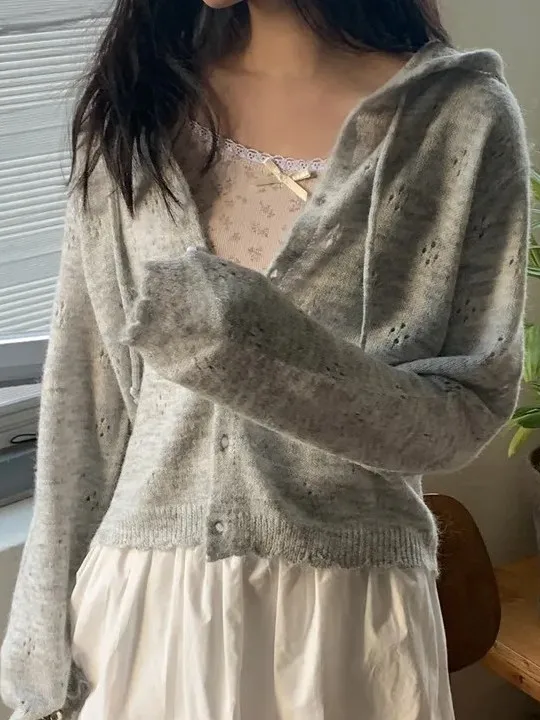 

Early Autumn Hooded Dstring Ruffle Hem Me Button Cardigan Sweater Women Base Layer Top Knitted Thin Outerwear