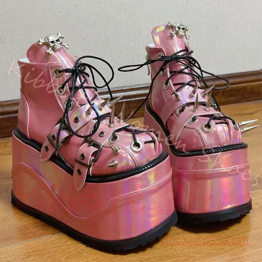 Women Platform Wedge Ankle Boots Skull Spike Decor Lace Up Side Zipper Leather Upper Punk Goth Festival Cosplay Footwear Elegant