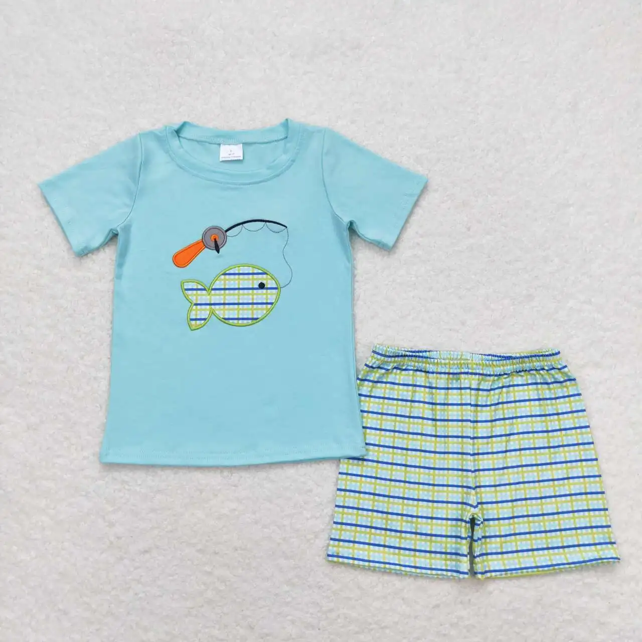 wholesale hot sale western boutique baby girls and boys clothes Embroidery fishing teal short-sleeved plaid shorts outfits