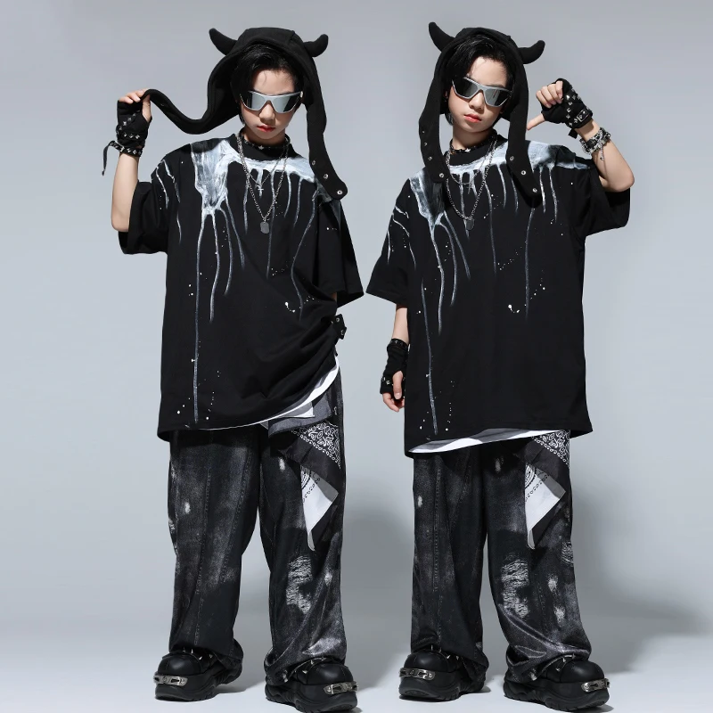 Baggy Schwarz Hip Hop Kleidung Kinder Teenager Street Dance Kleidung Kurzen Ärmeln Tops Hosen Mädchen Jazz Praxis Zeigen Tragen BL15804
