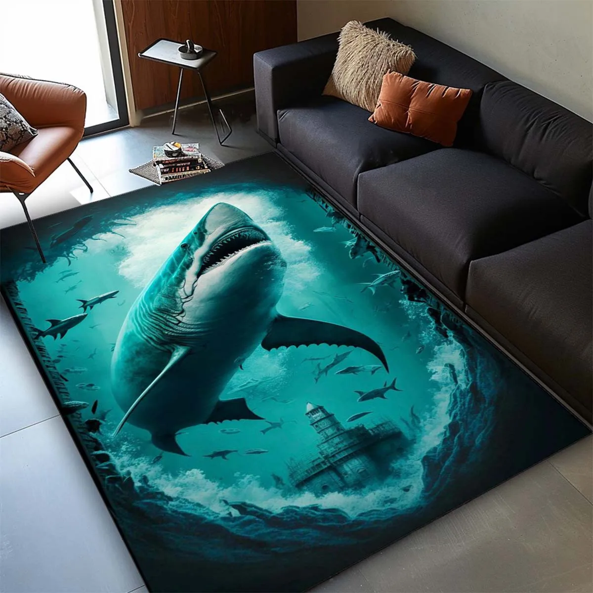 

Shark and Deep Sea Exploration Area Mat-with a vibrant shark and fish design, perfect for living room, bedroom carpet