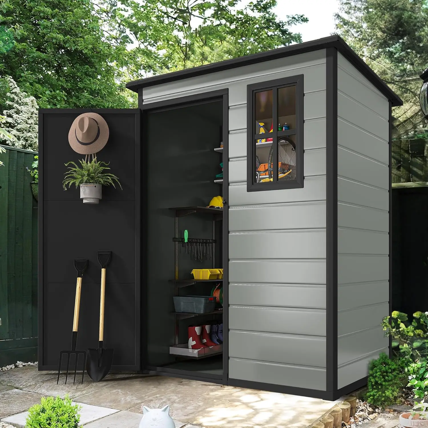 Dwvo 5X3Ft Resin Outdoor Storage Shed With Floor, Waterproof Lockable Storage Shed With Window, Plastic Outside Tool Storage