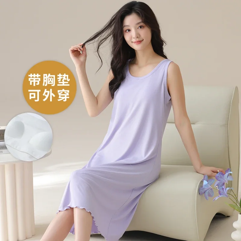

Women Ice silk Nightwear Summer Nightgowns O-neck Sleeveless Nightdress With Bra pad Female Solid Sleepshirts Sleep Wear Clothes