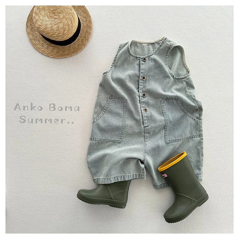

2025 Summer New Children Denim Overalls Solid Boys Girls Strap Casual Shorts Baby Thin Soft Jeans Bib Fashion Kids Jumpsuit