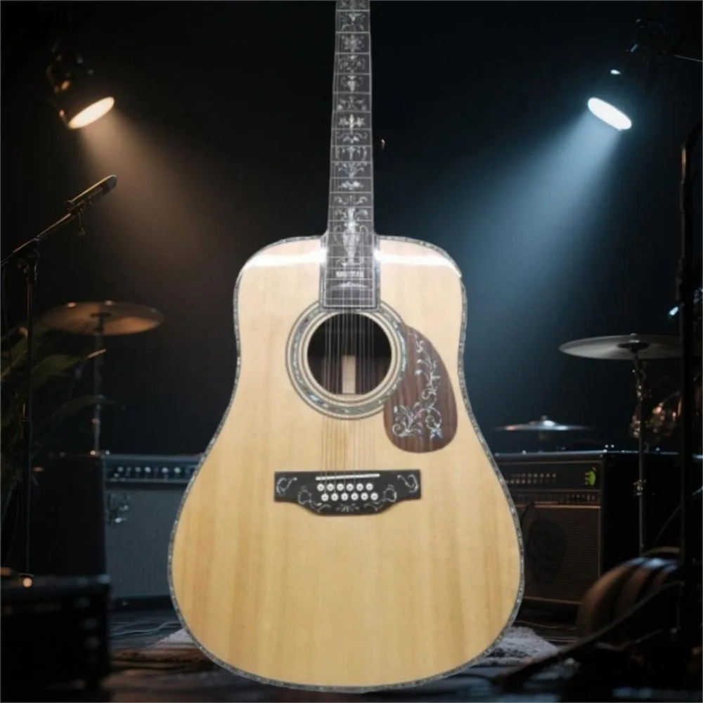 Envío Gratis D45 blanco 12 cuerdas concha de abulón con incrustaciones de ébano cuello Picea Asperata cuerpo puente fijo guitarra acústica superior sólida