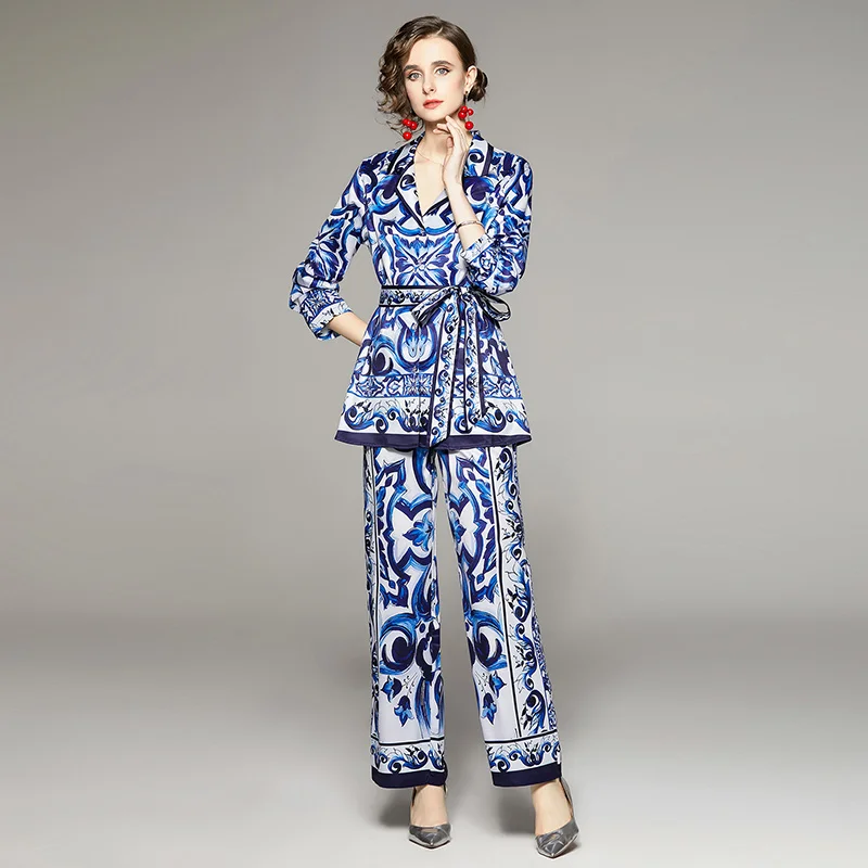 Blouse Shirt Coat + Wide Leg High Waist Pant Women Autumn Suit Fashion Female Trousers Sets 2 Pieces Sets Women Loose Clothing
