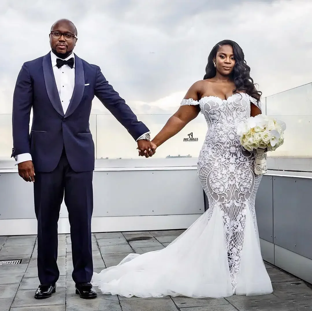 맞춤형 오프숄더 아플리케 레이스 우아한 머메이드 롱 신부 드레스 플러스 사이즈 아프리카 웨딩