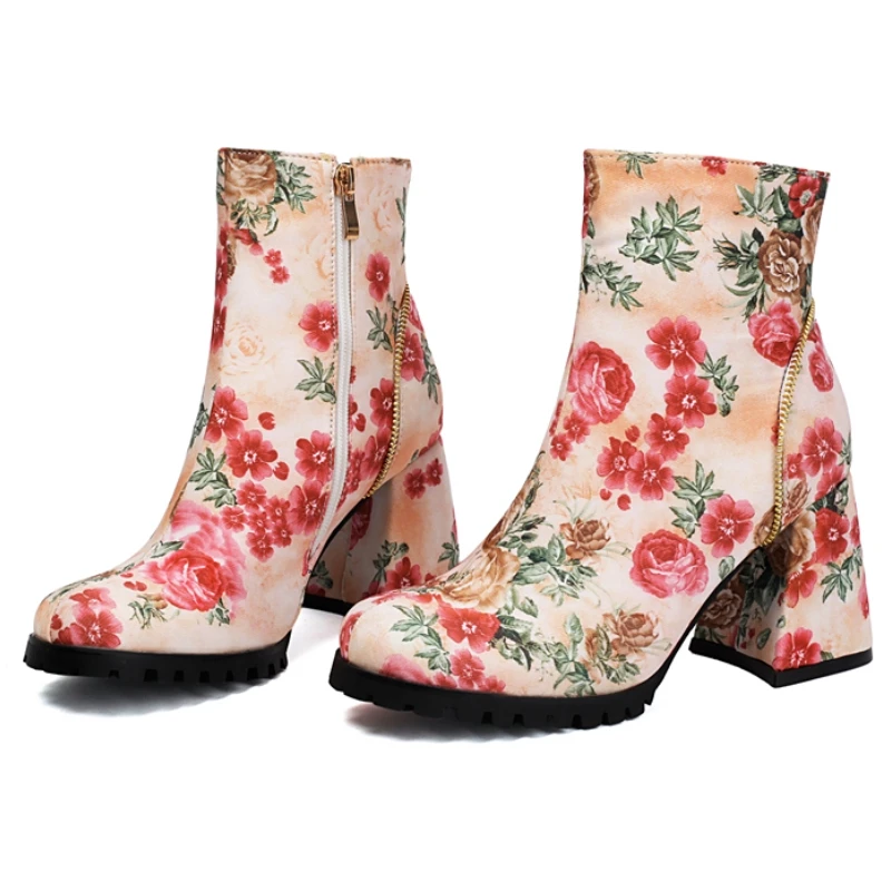 

Женские ботильоны с цветочным принтом, осень-зима 202, короткие ботинки с красным принтом, обувь на блочном каблуке, женская обувь, большой размер 48