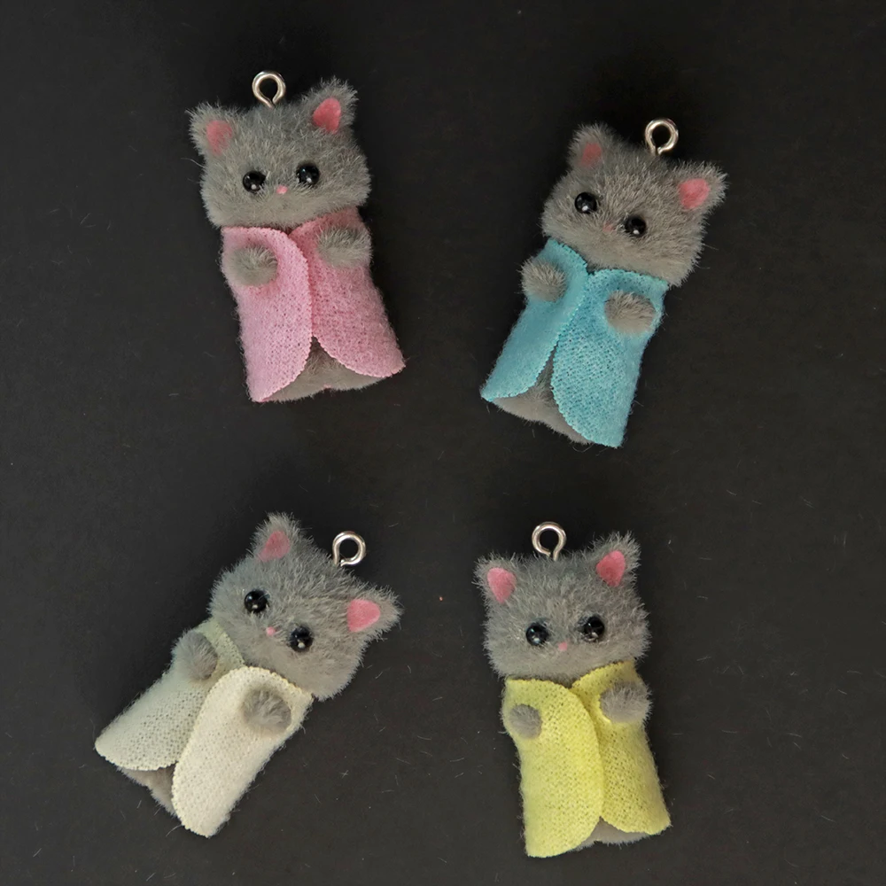 20Pcs 3D Cute Flocking Cat Wearing Clothes Resin Charms Cartoon Animal Doll Pendant For Keychain Earring DIY Crafts Jewelry Make
