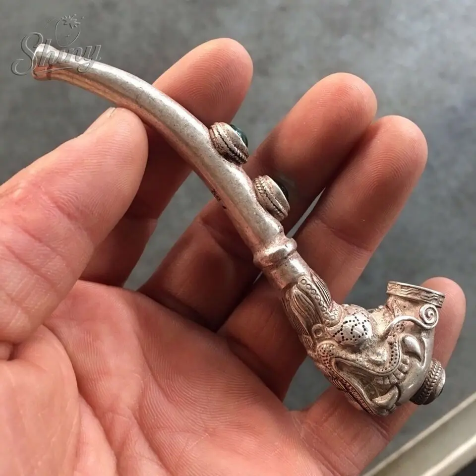 Vintage White Copper Inlaid Agate Smoking Pipe Creative Dragon Head Design Durable Metal Smoking Pipe