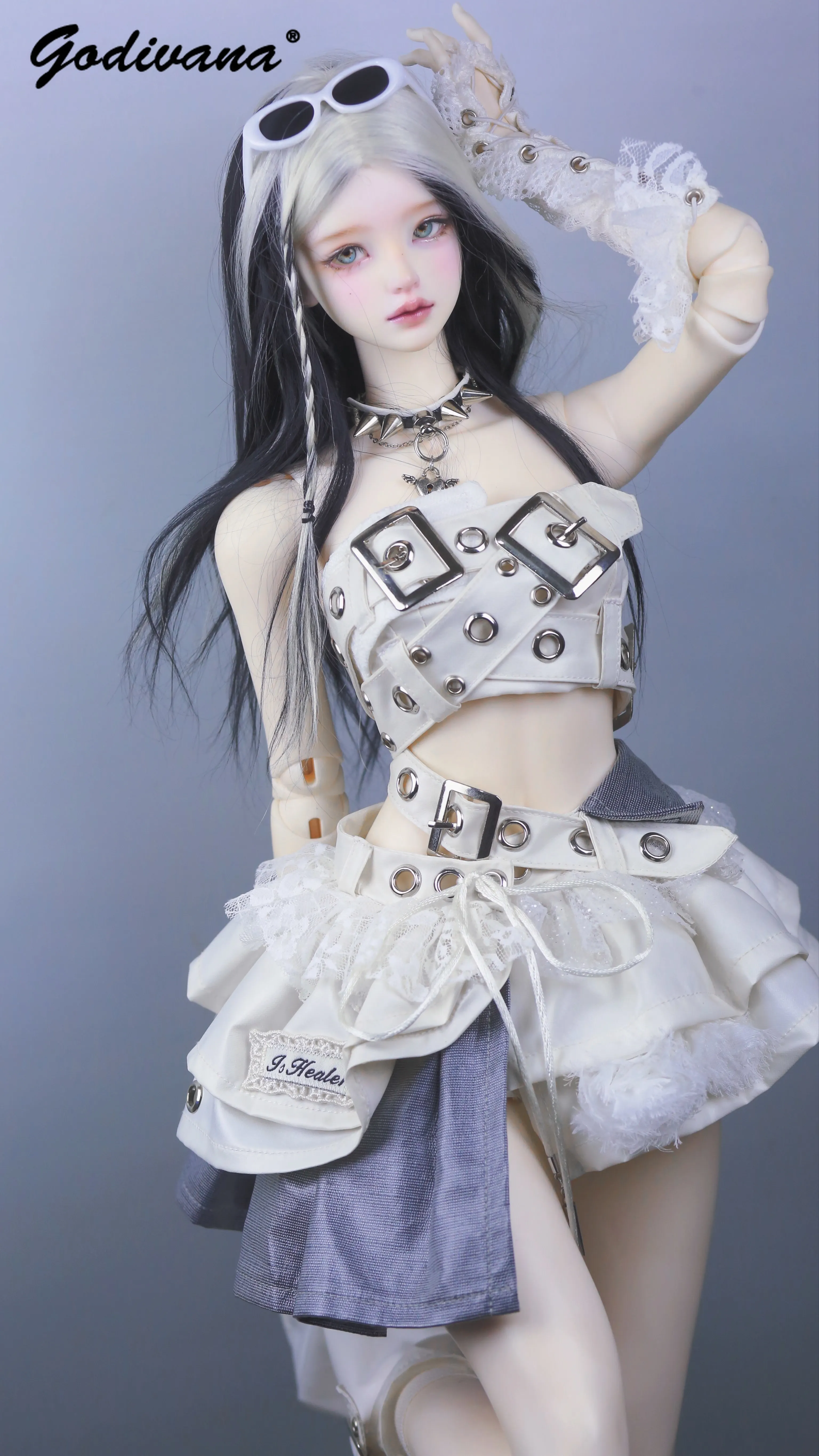 1/3 BJD Doll Outfit Y2K Hot Girl Style Metal Buckle Tube Top Multi‑Layer Skirt Gloves Socks Full Set for 1/3 Large Girl Doll