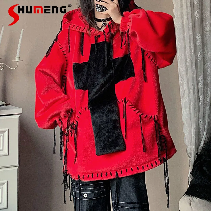 Punk Streetwear Fashion Hooded Hoodies Jacket Women Autumn Winter Loose Velvet Thickened Cross Woolen Coat Gothic Tops Mujer