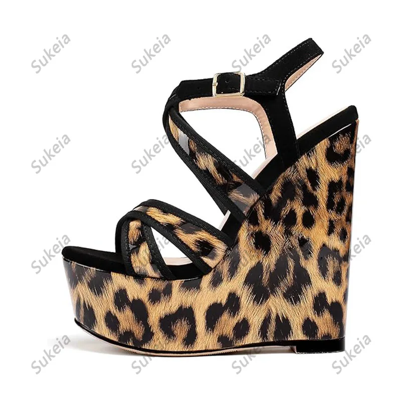 Sukeia Real Photos Women Platform Sandals Wedges Heels Sexy Leopard Round Toe Beautiful  Club Shoes Ladies US Plus Size 5-20