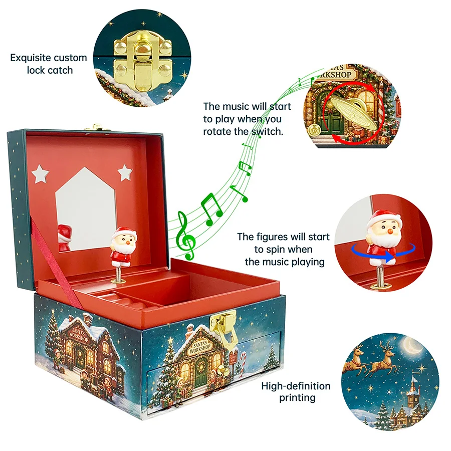Hot Viral Christmas Santa Music Box Golden Lock House Star Mirror Double Drawer Rotating Santa Figurine HD Winter Print Jewelry