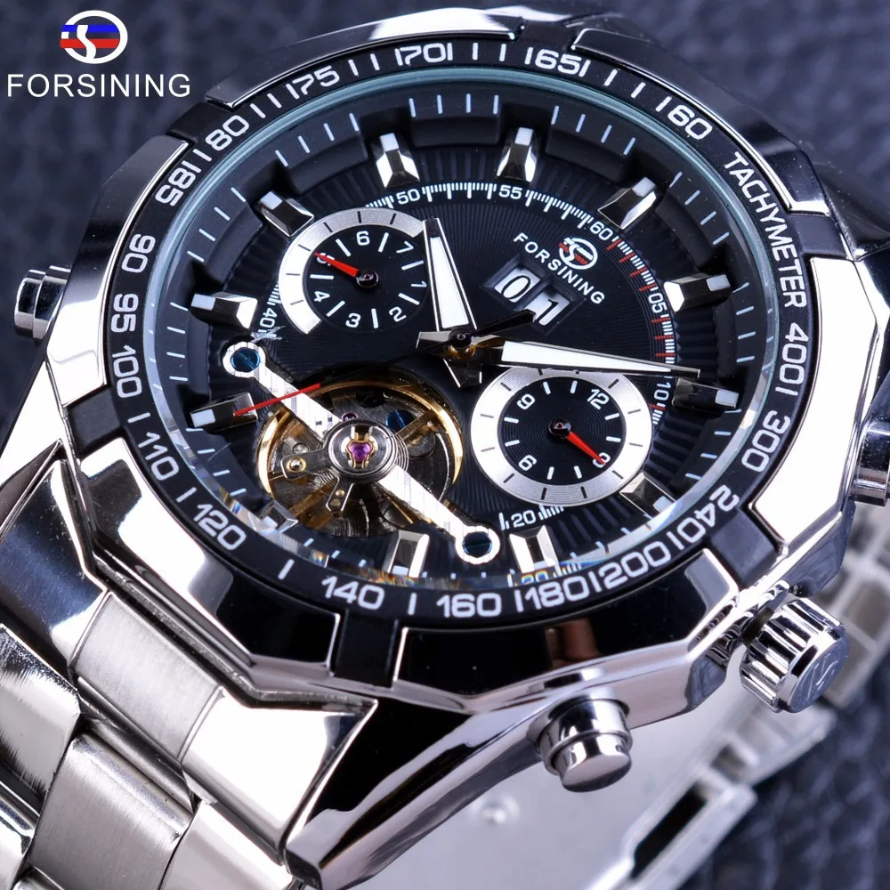 Fashion Forsining Top Brand Men's Tourbillon Automatic Mechanical Date Week Multifunction Full Stainless Steel Business Watches