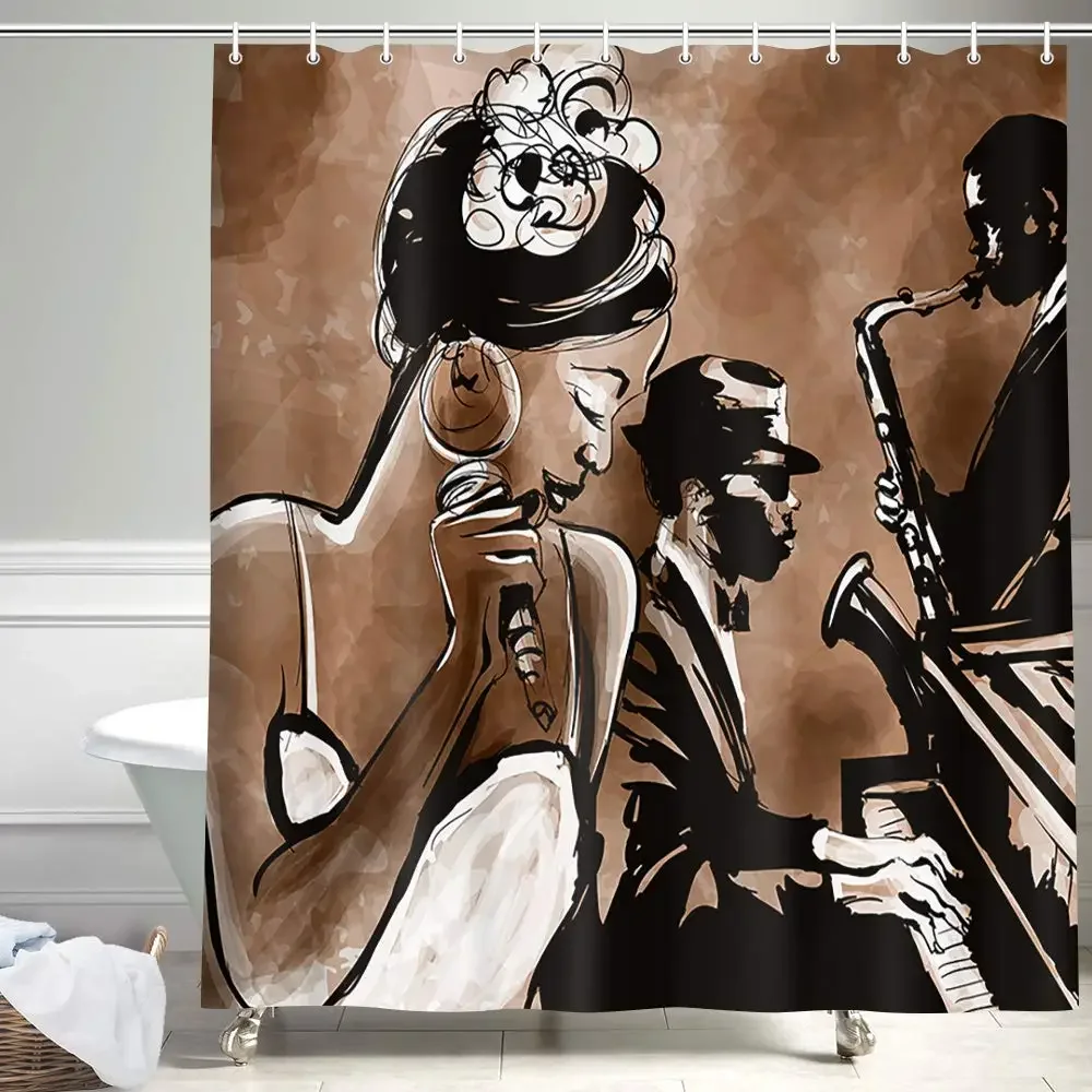 American Woman Jazz Shower Curtain African Black Girl Singing Jazzist Afrocentric  Art Grunge Style Bathroom Curtains Decor