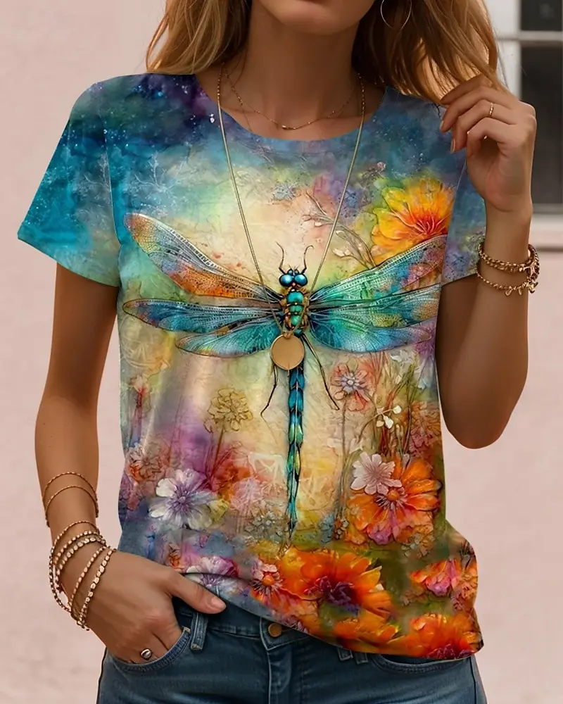 Camiseta Vintage con estampado de libélula para mujer, camiseta de verano con estampado 3D, cuello redondo, Tops de poliéster de manga corta para exteriores, ropa para mujer