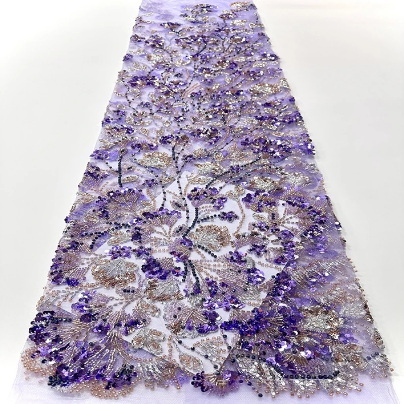 Luxury African Heavy Beaded Lace Fabric 2026 High-Quality Nigerian Tulle Sequined Lace Fabric Bridal Gown Haute Couture Fabric 5