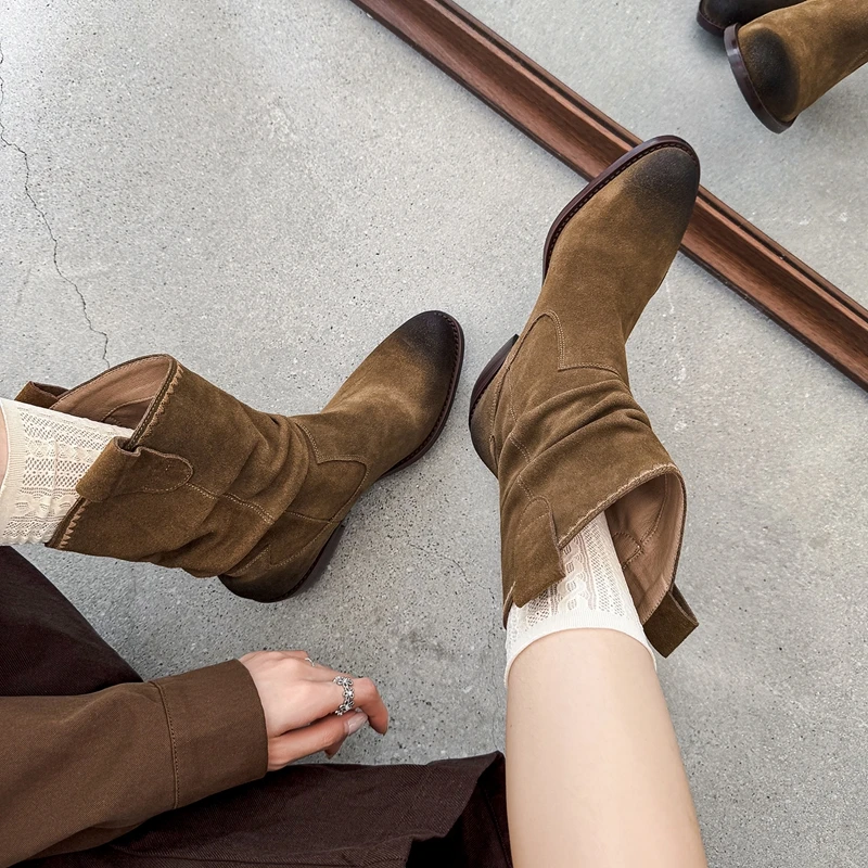Vintage Western Leather Short Boots Women's Folded Over Frayed Booties Autumn Winter New Style Sharp Round Toe Fashion Boots