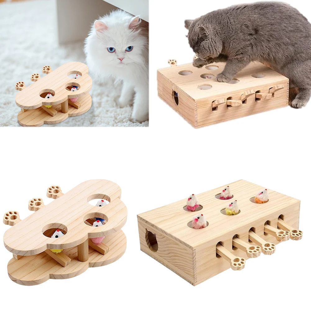 Cats Whack A Mole Game Cat Pop Up Toy 3/5-Holed Solid Wood Cat Toy Interactive Wooden Hunting Toy Box for Indoor Cats