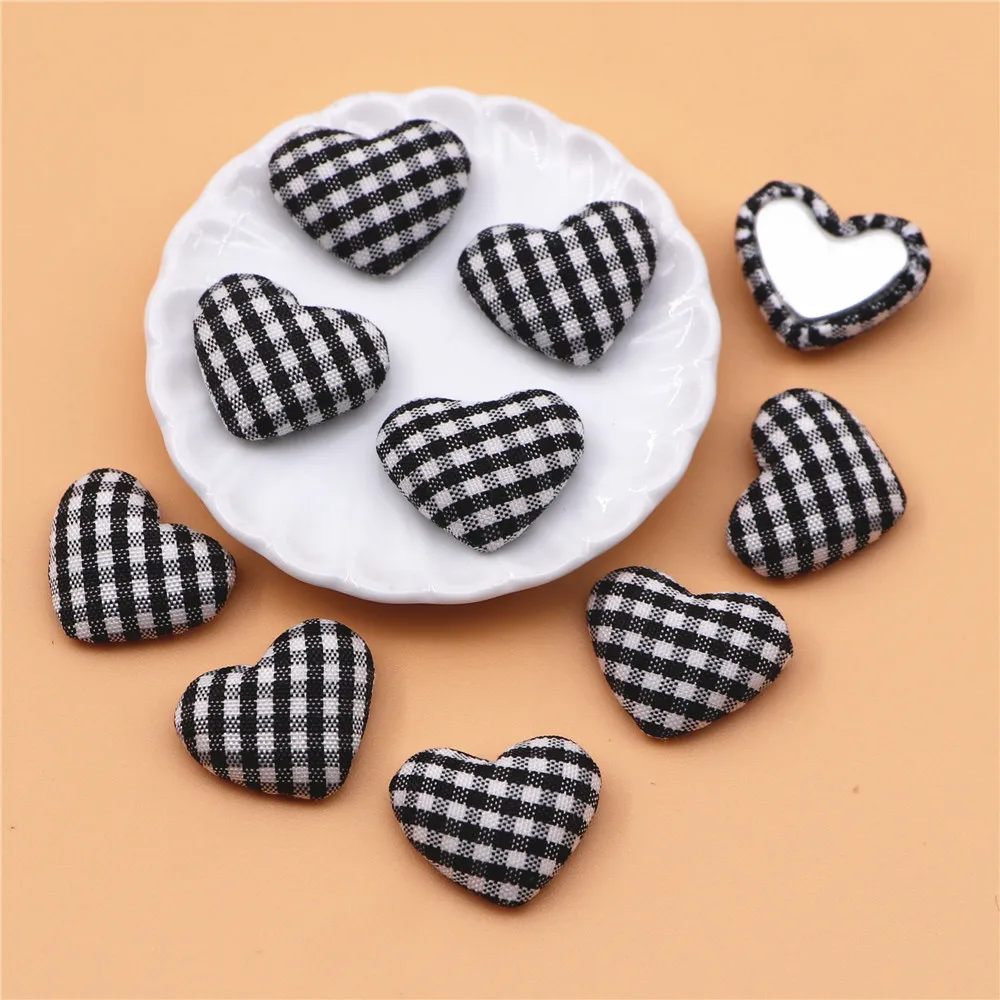 50pcs 17mm Black+White Lattice Fabric Covered Heart Buttons Home Garden Flatback Cabochon Crafts Scrapbooking DIY