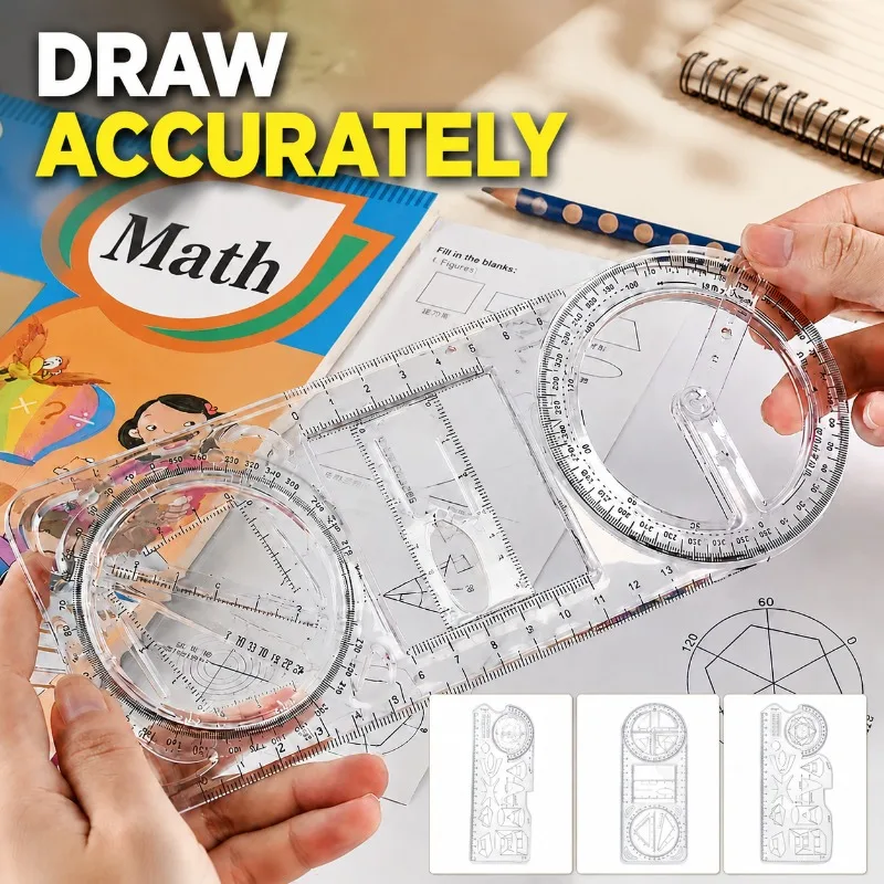Multifunctional Drawing Ruler Set for Math Geometry Triangle Protractor, Plastic Drafting Tools for Middle and High School