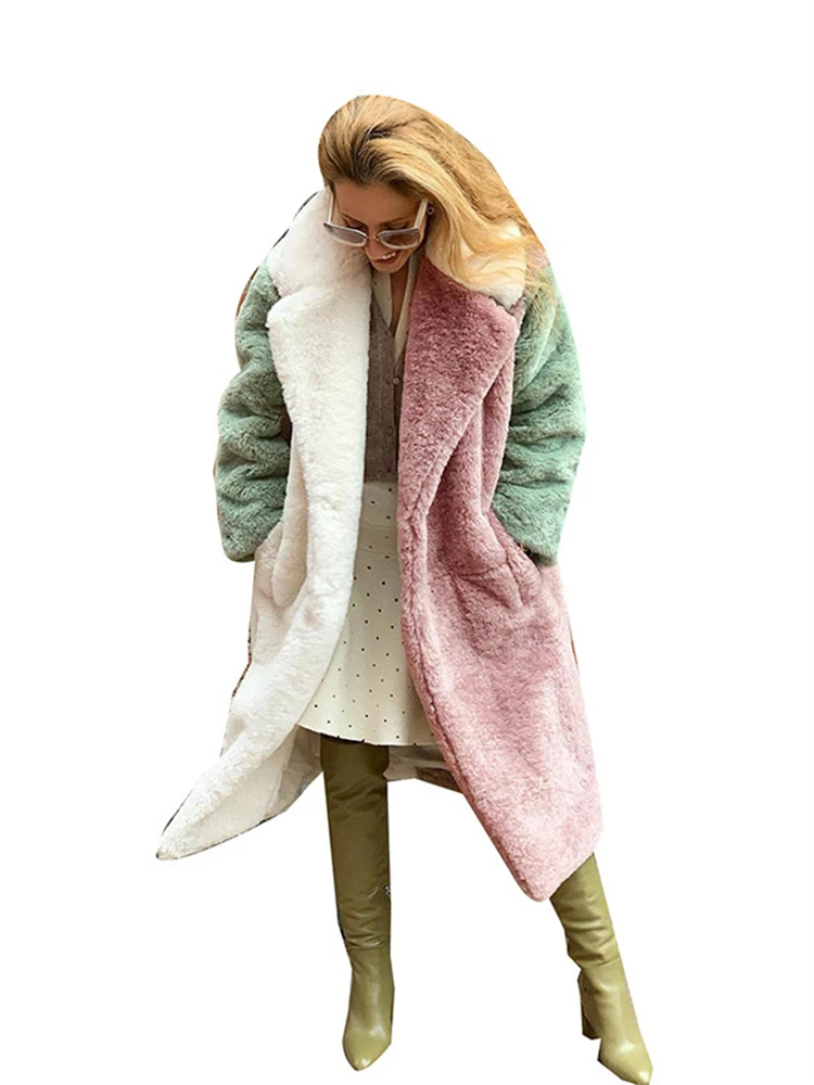 Thicken Patchwork Faux Fur Overcoat Warm Rex Rabbit Furs Mid-length Coats Luxury Plus Size Jacket Winter Women Fashion Chaquetas