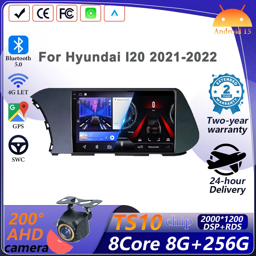 Android 15 Wireless Auto Carplay For Hyundai I20 2021-2022 Head Unit Car Multimedia Player 5G Wifi Navigation USB Touch Display