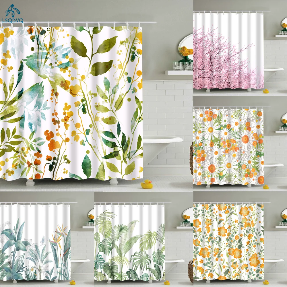 

Plant Flower Leaves Trees Rural Scenery Bathroom Shower Curtain Waterproof Polyester Frabic Bath Curtain with 12 Hooks