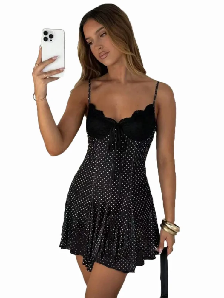 Blifanbo Polka Dot Print Sexy Minikleid für Damen, Spaghettiträger, rückenfrei, ärmellos, modisch, schmal, A-Linie, Frühling und Sommer, neu